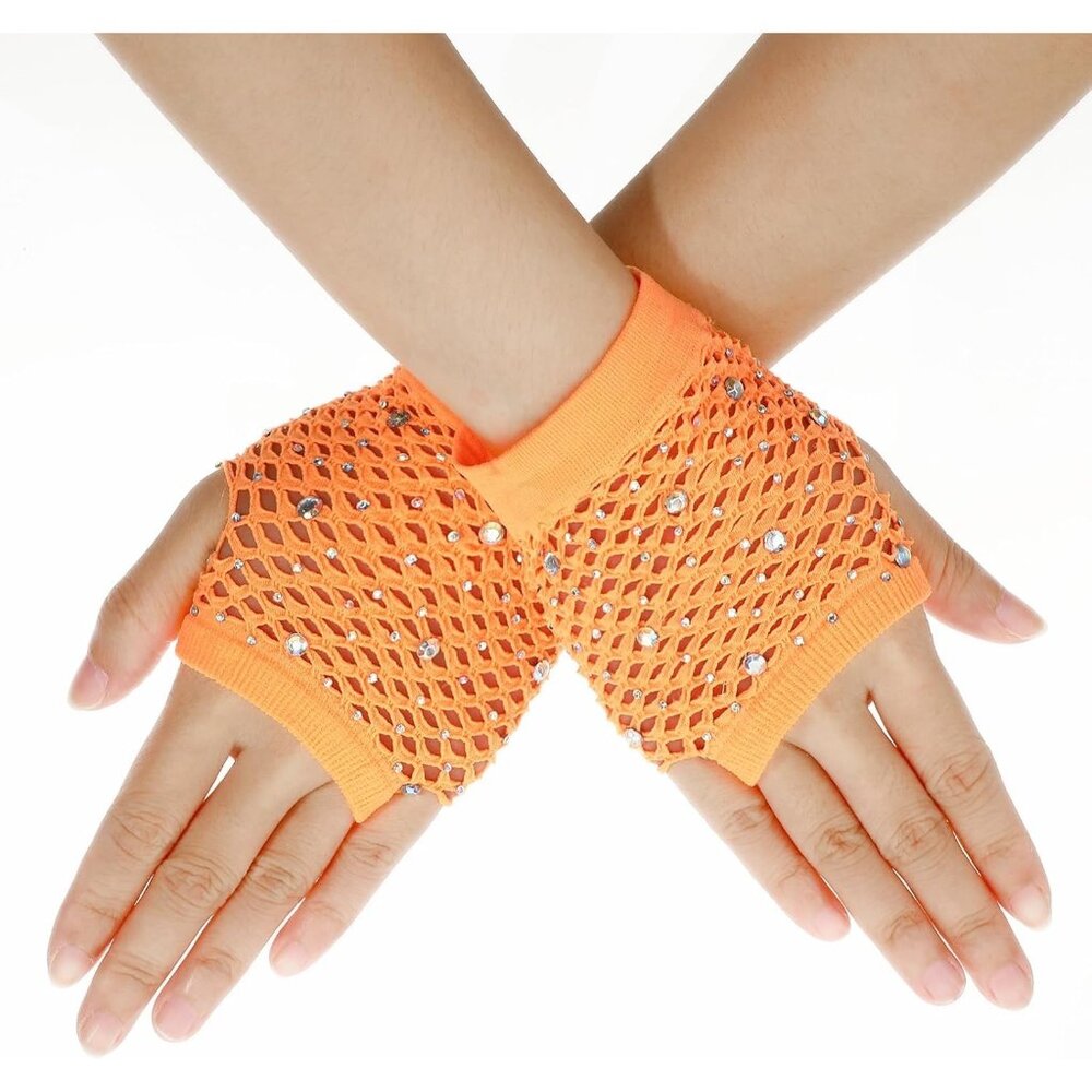Women's Pink Rhinestone Fishnet Short Mesh Gloves Halloween Party Costumes